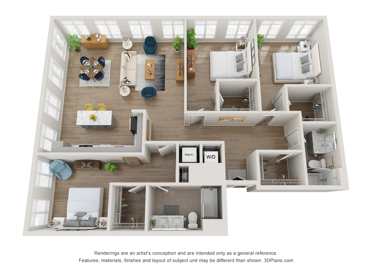 Floor plan for 3 beds, 2 baths, 1565 sqft